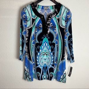NWT JM Collections Tuscan Tapestry Blouse w/ Embroidered Neckline- M